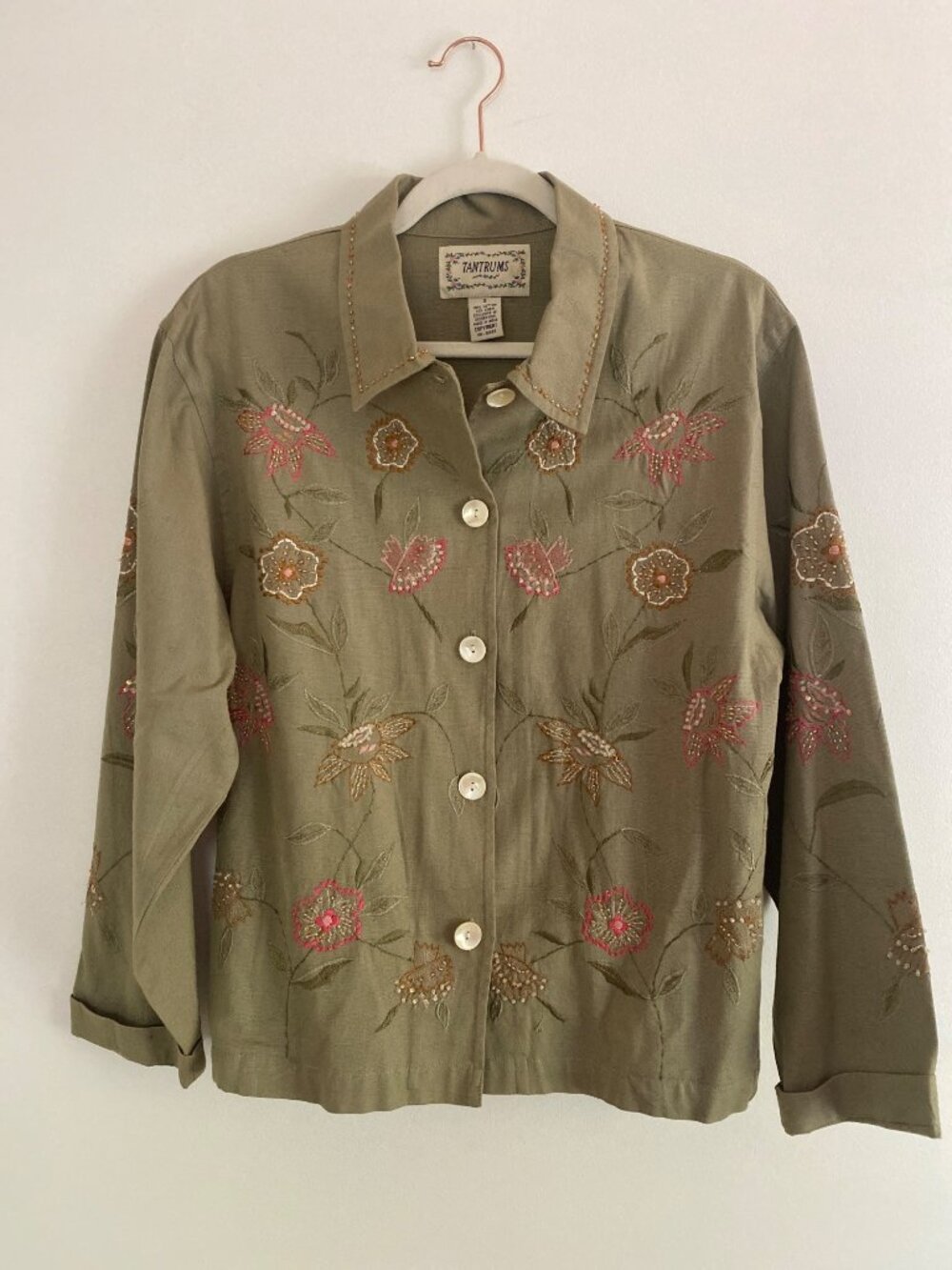 Vintage Tantrums Olive Green Floral Embroidered Button-Up Shacket Size S